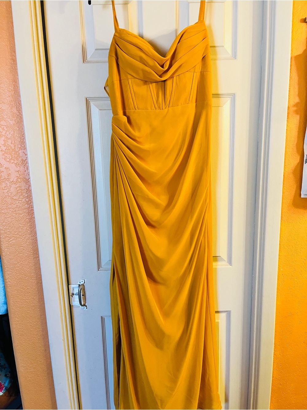 Azazie Mustard Yellow Strapless Draped Gown